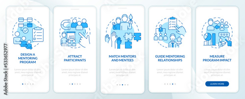 Aspects of successful coaching blue onboarding mobile app screen. Walkthrough 5 steps editable graphic instructions with linear concepts. UI, UX, GUI template. Myriad Pro-Bold, Regular fonts used