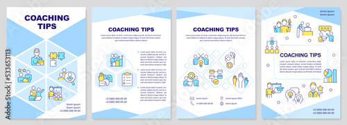 Coaching tips blue brochure template. Be role model to mentee. Leaflet design with linear icons. Editable 4 vector layouts for presentation, annual reports. Arial-Black, Myriad Pro-Regular fonts used