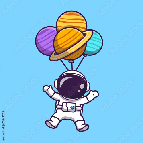 Cute Astronaut Floating With Planet Balloon In Space Cartoon Vector Icon Illustration. Technology Science Icon Concept Isolated Premium Vector. Flat Cartoon Style