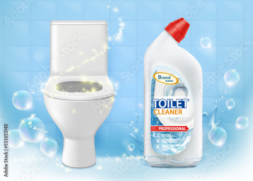 Toilet cleaner next to a clean toilet bowl