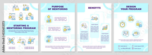Starting mentoring program cyan brochure template. Benefits. Leaflet design with linear icons. Editable 4 vector layouts for presentation, annual reports. Arial-Black, Myriad Pro-Regular fonts used
