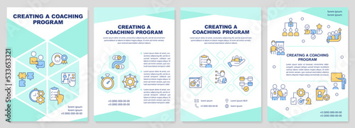 Creating coaching program mint brochure template. Leaflet design with linear icons. Editable 4 vector layouts for presentation, annual reports. Arial-Black, Myriad Pro-Regular fonts used