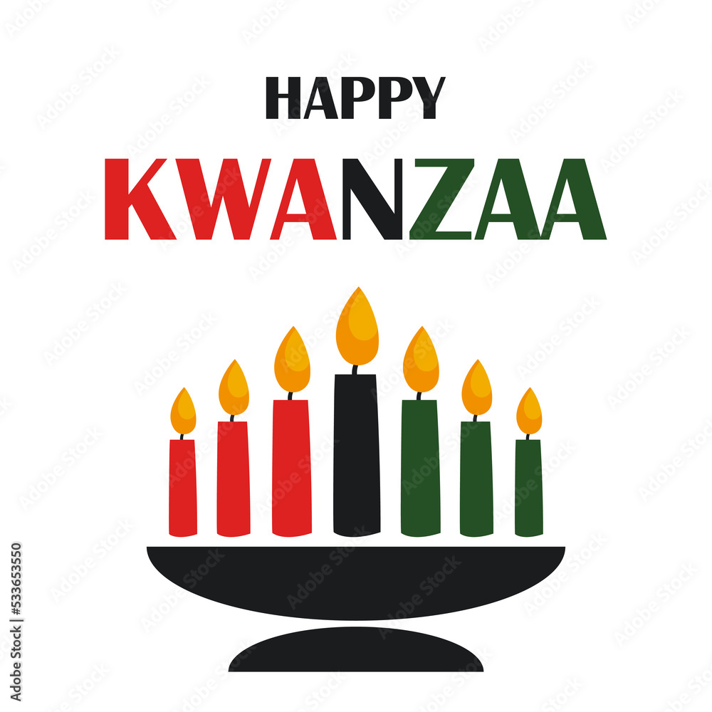 Happy Kwanzaa celebration banner. Kinara with seven candles and text