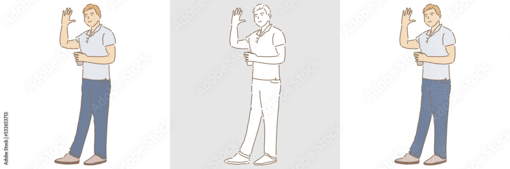 Young man holding glass, waving hand, smiling, greeting, saying hi, hello, goodbye. Set of different styles hand drawn flat vector illustration isolated on colored background. Young man holding glass, waving hand, smiling, greeting, saying hi, hello, goodbye. Set of different styles hand drawn flat vector illustration isolated on colored background.