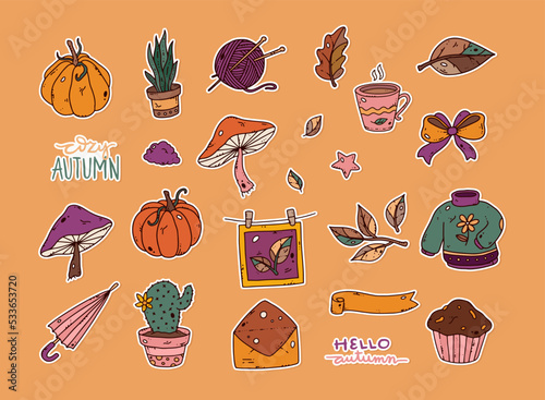 Set of cute vector autumn stickers for daily planner.Cozy home.Collection of scrapbooking elements:pumpkin,sweater,candle,falling leaves,mushroom.Concept for seasonal poster,card.Doodle icons pack