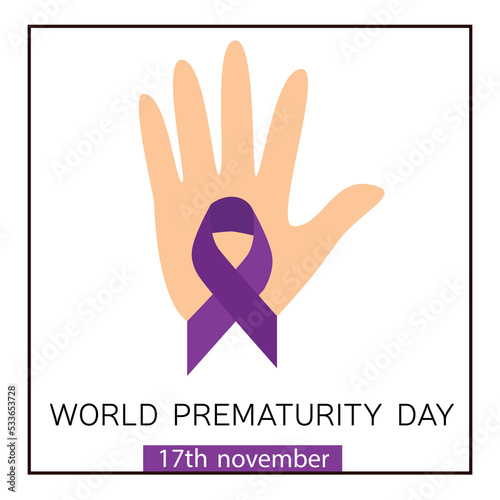 Hand with purple ribbon. Banner or post or card for World prematurity day 17 November vector illustration.