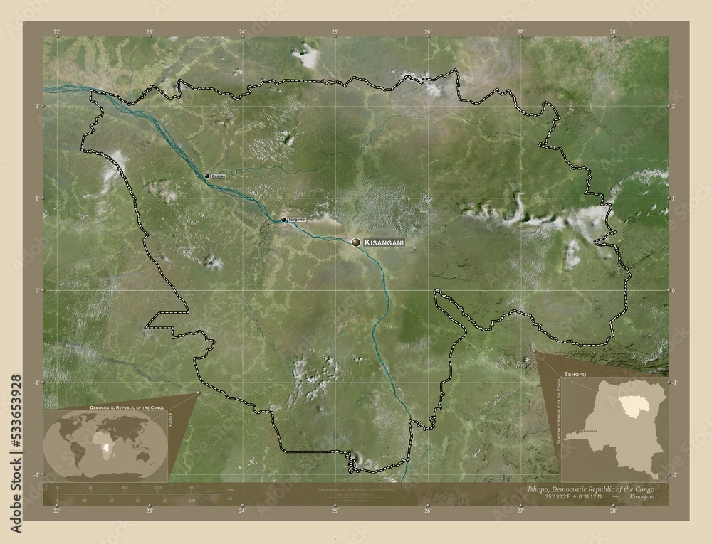 Fototapeta premium Tshopo, Democratic Republic of the Congo. High-res satellite. Labelled points of cities
