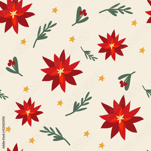 Christmas vector seamless pattern with red poinsettia.