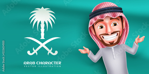 Arab saudi man character vector design. Arabian manager business man with friendly and smiling facial expression in green saudi flag background. Vector Illustration. 
