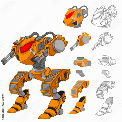 Vector illustration of  fighter robot with separate components isolated on a white background, suitable for animation and game design.