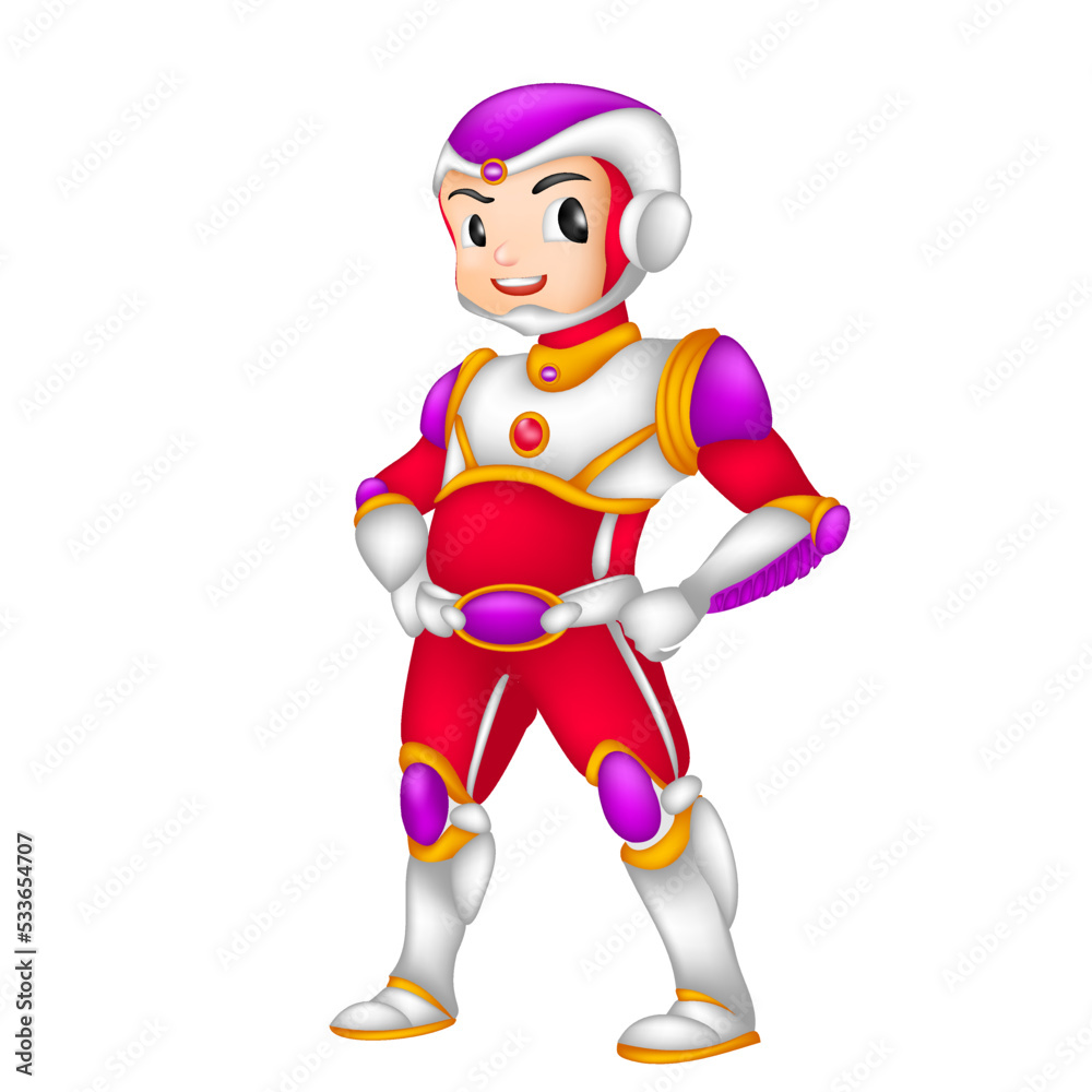 A humanoid boy 3D in a future signature suit isolated on a white background, cartoon clip art suitable for sticker design, animation and illustration.