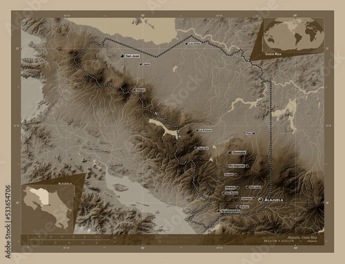 Alajuela, Costa Rica. Sepia. Labelled points of cities photo