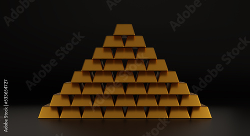 3D illustration or 3D rendering Stack pyramid of Luxury gold bars isolated on black background for  business or Financial concepts.