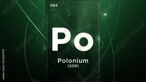 Polonium (Po) symbol chemical element of the periodic table, 3D animation on atom design background photo