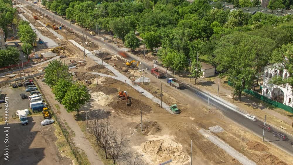 Big road construction site. Industrial truck loader excavator and ...