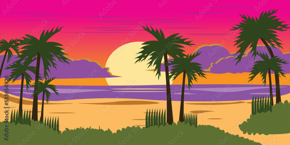 Sunset Ocean Tropical resort landscape panorama. Sea shore beach, sun,coastline, clouds, sky, summer vacation. Vector illustration cartoon style