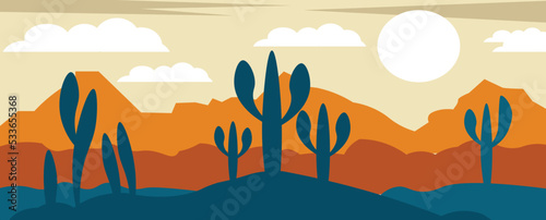 Abstract landscape with cactus narrow background, twilight in mexico.vector ilustration.