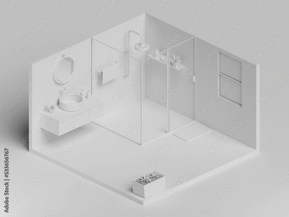 simple modern 3d isometric bathroom interior with shower without material, mirror and window. Modern bathroom interior with mirror, sink and plant. simple modern 3d isometric bathroom interior with shower without material, mirror and window. Modern bathroom interior with mirror, sink and plant.