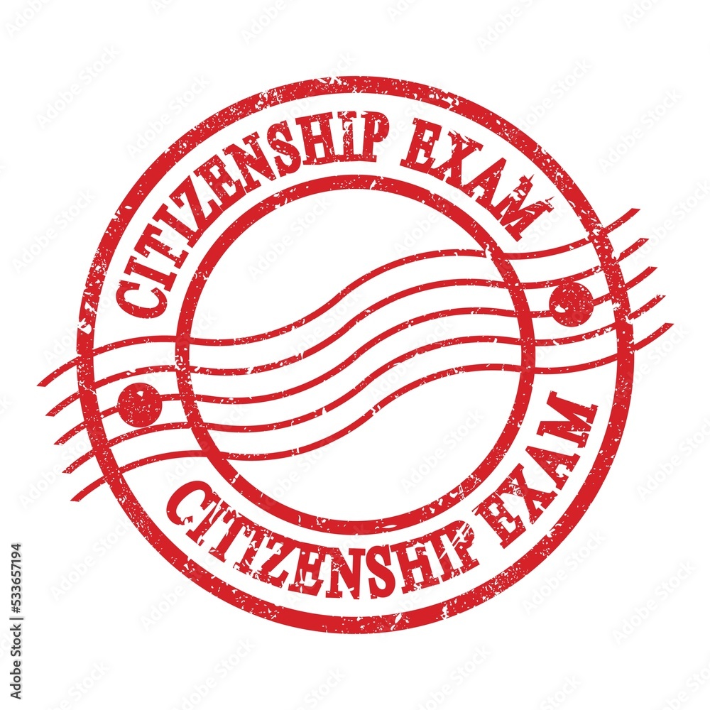 CITIZENSHIP EXAM, text written on red postal stamp. CITIZENSHIP EXAM, text written on red postal stamp.
