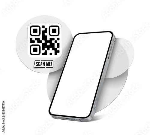 Qr Code SCAN ME template with a smartphone for application screenshot presentation with transparent frozen glass circles