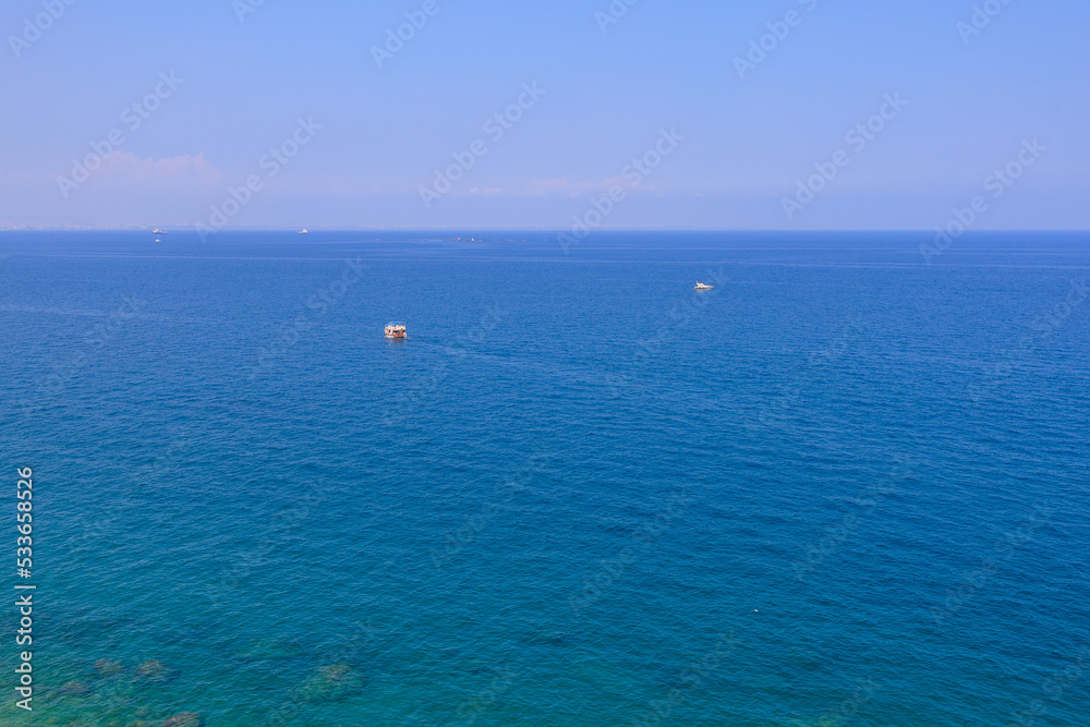 Boat or yacht in the Mediterranean. Background with selective focus and copy