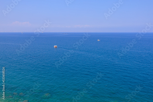 Boat or yacht in the Mediterranean. Background with selective focus and copy