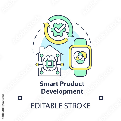 Smart product development concept icon. Internet of things. In demand small business abstract idea thin line illustration. Isolated outline drawing. Editable stroke. Arial, Myriad Pro-Bold fonts used