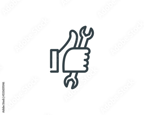 Vector hand like icon with tools, hardware and repairing logo template. Thumbs up sign background. Construction logo illustration with hand tools icon