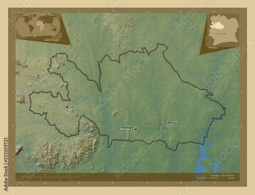 Woroba, Cote d'Ivoire. Physical. Labelled points of cities