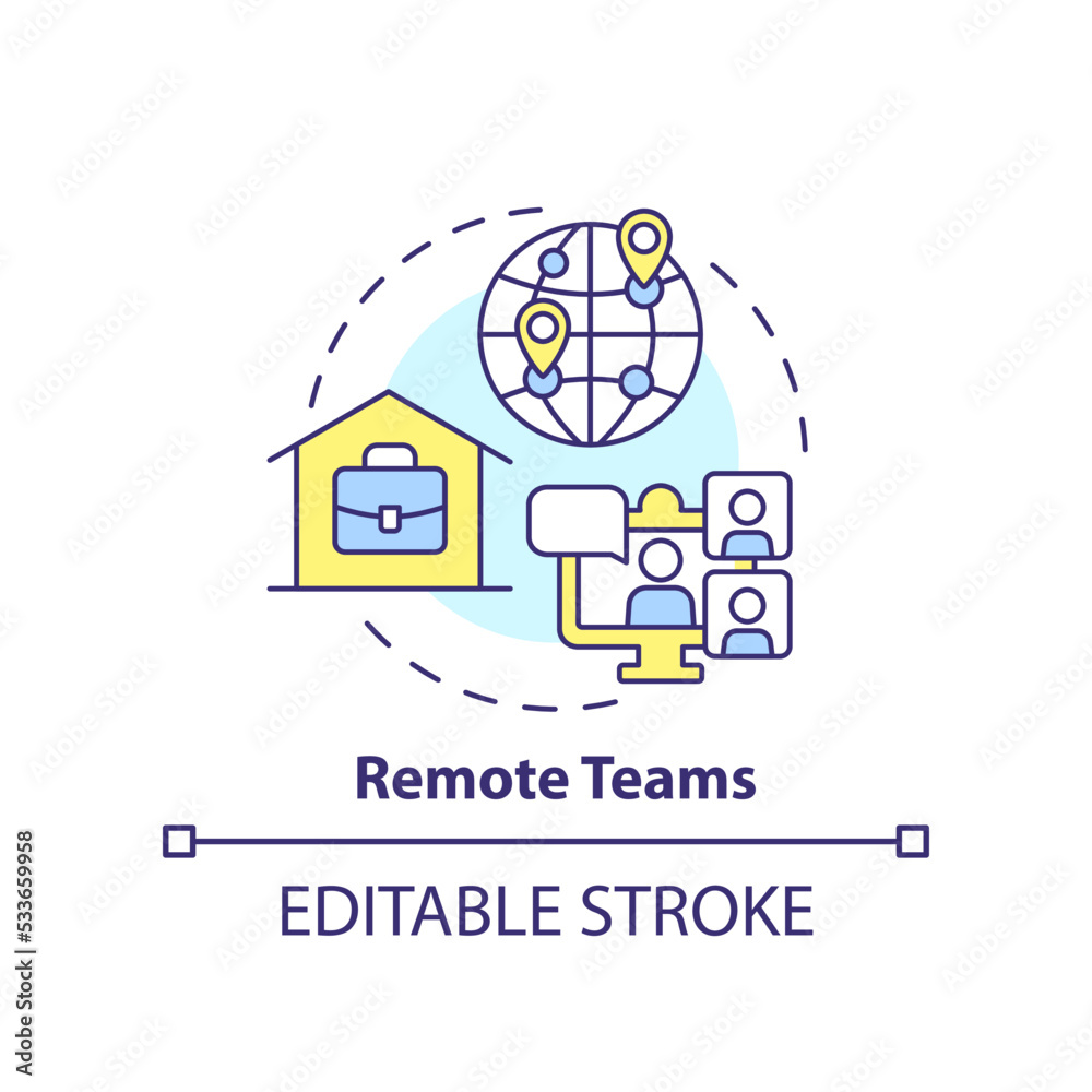 Remote teams concept icon. Work from home. Distant communication. Business trend abstract idea thin line illustration. Isolated outline drawing. Editable stroke. Arial, Myriad Pro-Bold fonts used Remote teams concept icon. Work from home. Distant communication. Business trend abstract idea thin line illustration. Isolated outline drawing. Editable stroke. Arial, Myriad Pro-Bold fonts used