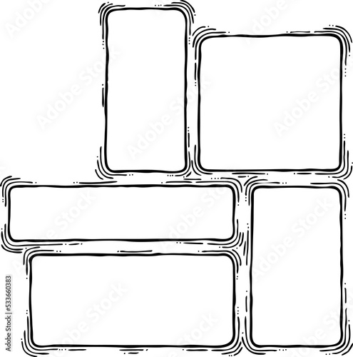 Comic page composition for backdrop layout. Black line graphic hand drawn illustration. Information box space for text, pictures, design. Decorative element borders vintage style hand drawing.