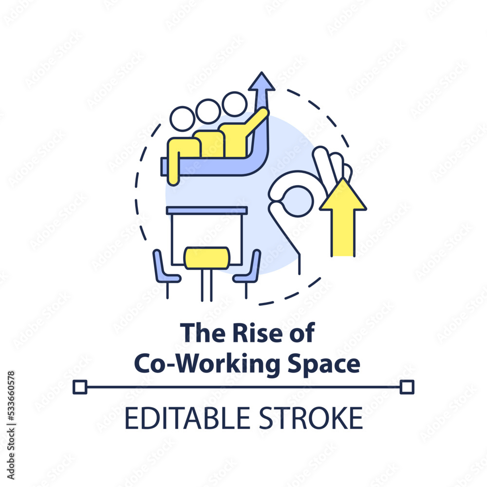 Rise of coworking space concept icon. Teamwork. Future business trend abstract idea thin line illustration. Isolated outline drawing. Editable stroke. Arial, Myriad Pro-Bold fonts used Rise of coworking space concept icon. Teamwork. Future business trend abstract idea thin line illustration. Isolated outline drawing. Editable stroke. Arial, Myriad Pro-Bold fonts used