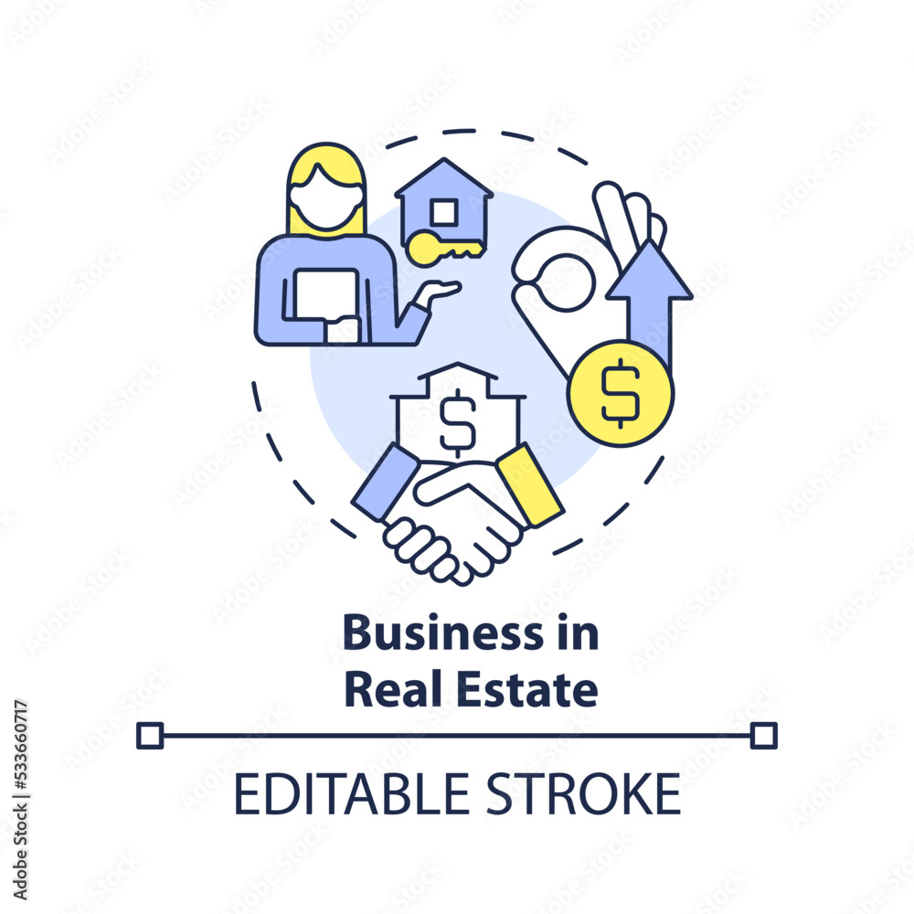 Business in real estate concept icon. Property selling. Future business trend abstract idea thin line illustration. Isolated outline drawing. Editable stroke. Arial, Myriad Pro-Bold fonts used Business in real estate concept icon. Property selling. Future business trend abstract idea thin line illustration. Isolated outline drawing. Editable stroke. Arial, Myriad Pro-Bold fonts used