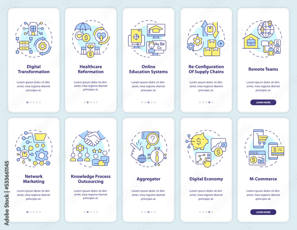 Business tendencies onboarding mobile app screen set. Commerce walkthrough 5 steps editable graphic instructions with linear concepts. UI, UX, GUI template. Myriad Pro-Bold, Regular fonts used