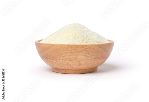 Fotografía Collagen powder in wooden bowl isolated on white background.