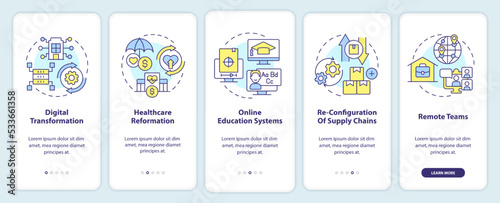 Business trends onboarding mobile app screen. Digitalization. Walkthrough 5 steps editable graphic instructions with linear concepts. UI, UX, GUI template. Myriad Pro-Bold, Regular fonts used