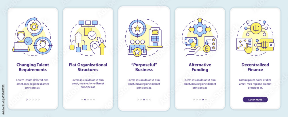 Punditized business trends onboarding mobile app screen. Walkthrough 5 steps editable graphic instructions with linear concepts. UI, UX, GUI template. Myriad Pro-Bold, Regular fonts used