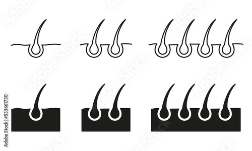 Hair Bulb Line and Silhouette Icon Set. Hair Transplantation and Bulb for Science or Dermatology Icon. Structure of Man or Woman Follicle Icon. Editable Stroke. Isolated Vector Illustration