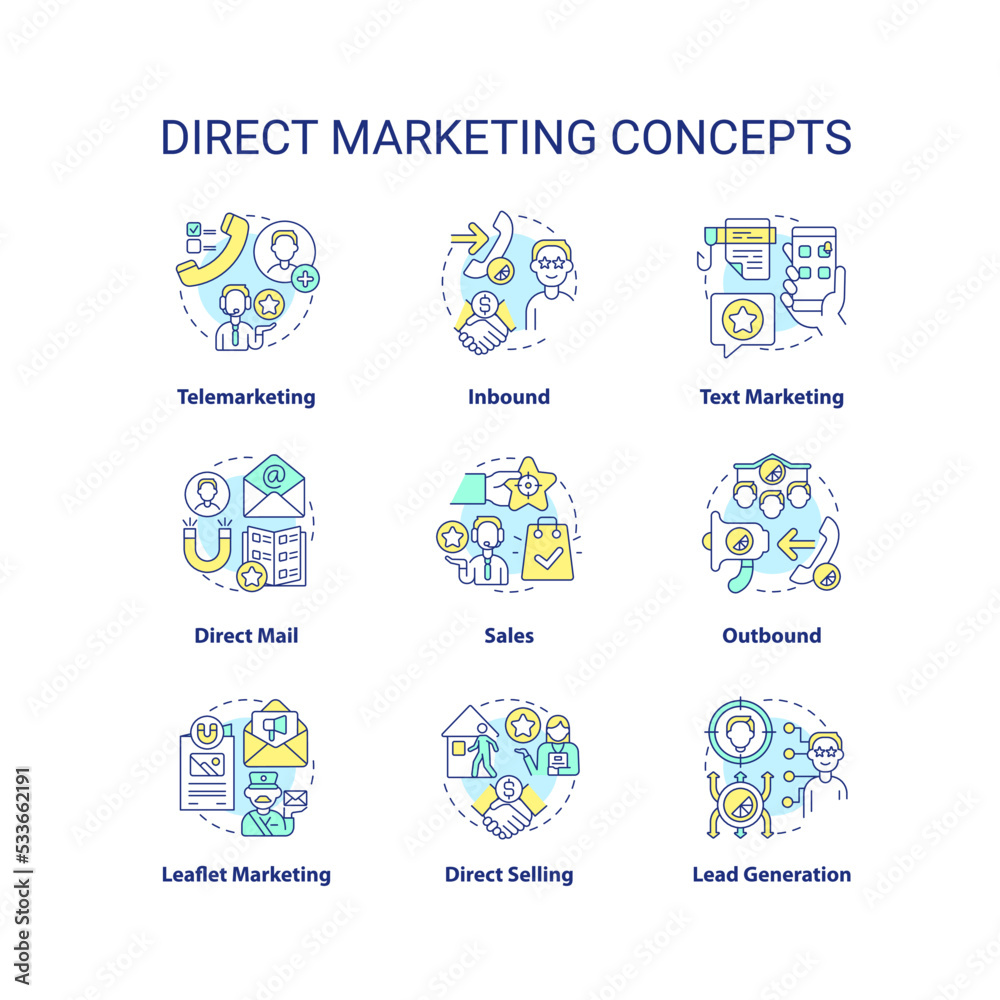 Direct marketing concept icons set. Strategy of individual sales. Business idea thin line color illustrations. Isolated symbols. Editable stroke. Roboto-Medium, Myriad Pro-Bold fonts used