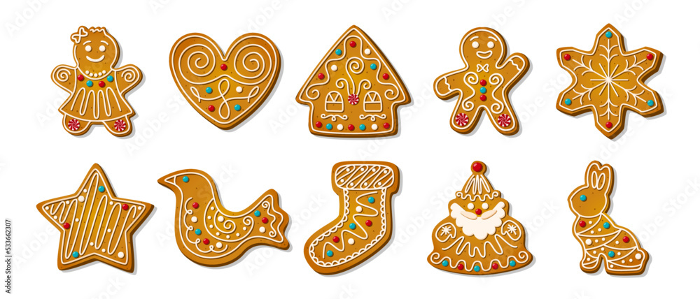Christmas gingerbread cookies. Winter homemade xmas sweets in shape of house and gingerbread man, star and snowflake, santa and heart, bird and rabbit and sock. Cartoon Vector illustration