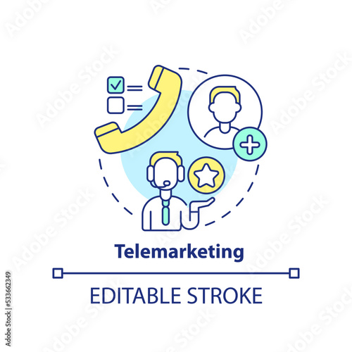 Telemarketing concept icon. Selling by phone. Type of direct marketing abstract idea thin line illustration. Isolated outline drawing. Editable stroke. Arial, Myriad Pro-Bold fonts used
