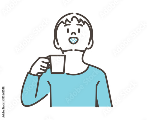 Boy gargling to prevent corona infection and stay healthy [Vector illustration of upper body].