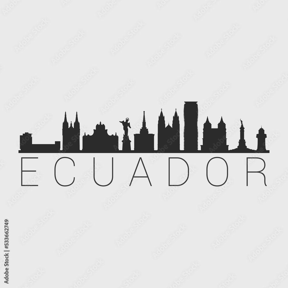 Ecuador City Skyline. Silhouette Illustration Clip Art. Travel Design Vector Landmark Famous Monuments.