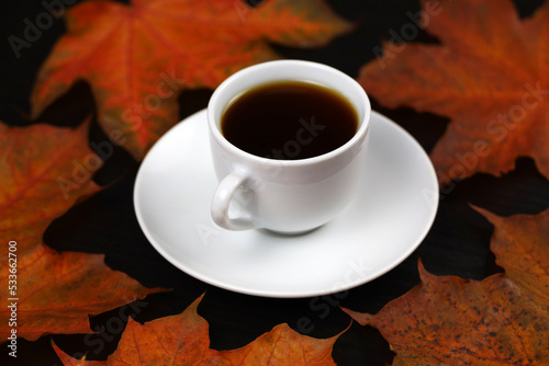 White cup of coffee or tea with saucer on red maple leaves and black table. Hot drink in autumn weather