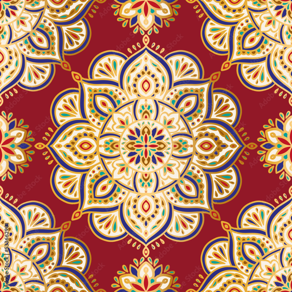 Red, blue and green Turkish seamless pattern with luxury floral ornament. Traditional Arabic, Indian motifs. Great for fabric and textile, wallpaper, packaging or any desired idea.