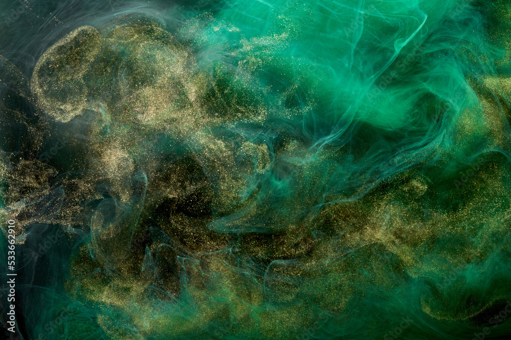 Golden sparkling abstract background, luxury green smoke, acrylic paint underwater explosion, cosmic swirling ink