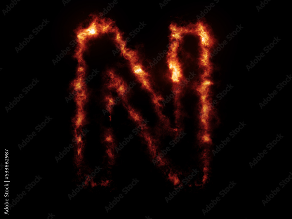 Flame Fonts. Letter N covered in fire