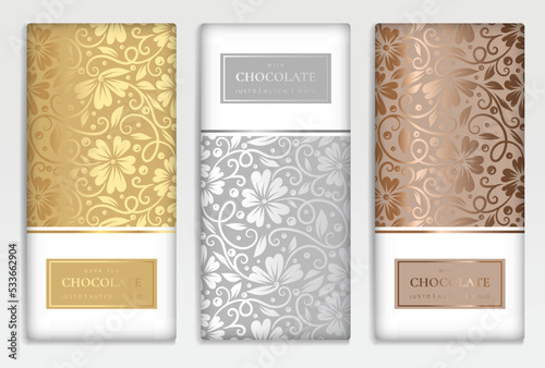 Silver and gold vintage set of chocolate bar packaging design. Vector luxury template with ornament elements. Can be used for background and wallpaper. Great for food and drink package types.