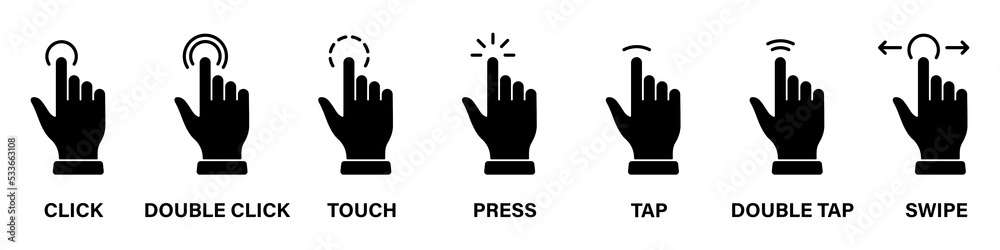 Fototapeta premium Cursor Hand Computer Mouse Silhouette Icon. Pointer Finger Black Glyph Pictogram Set. Click Press Double Tap Touch Swipe Point Gesture on Cyberspace Website Sign. Isolated Vector Illustration