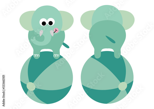 Circus elephant on top of ball on front and back position